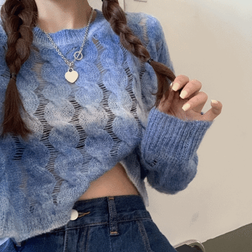블루 그라데이션 크롭 네트 스웨터