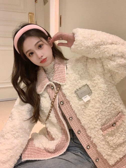 핑크 트위드 디자인 양털 뽀글이 자켓